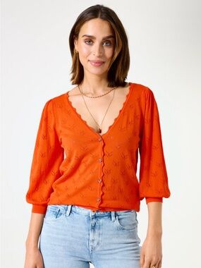 Orange Garcia Pointelle Knit Cardigan 3/4 Sleeve
